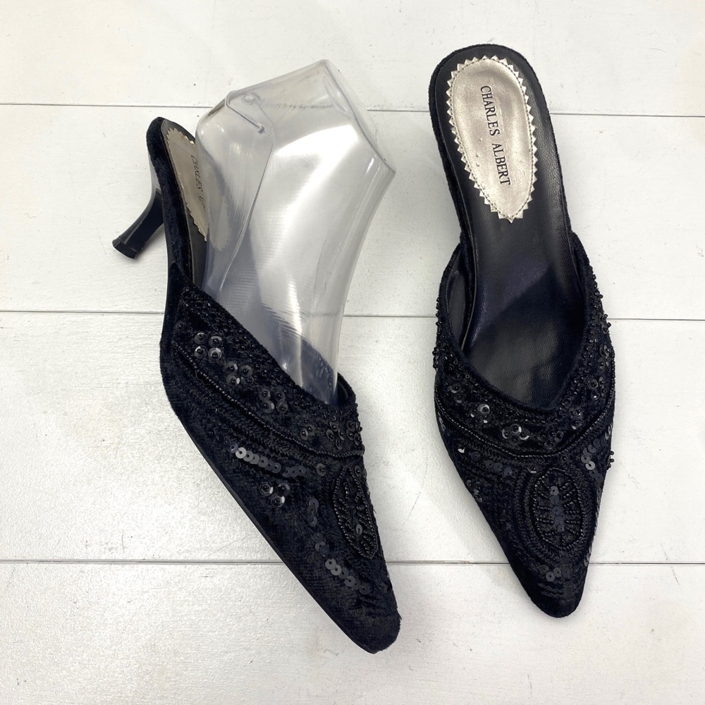 Vintage 90s Charles Albert Sequin Beaded Kitten Heels Mules 8.5 Black Whimsigoth